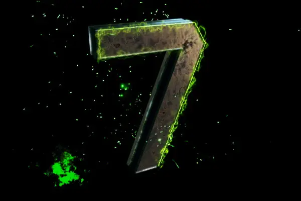 Trójwymiarowa cyfra 7 z kamienia, otoczona zieloną energią i iskrzącymi drobinkami. Symbolizuje numerologiczną 7.