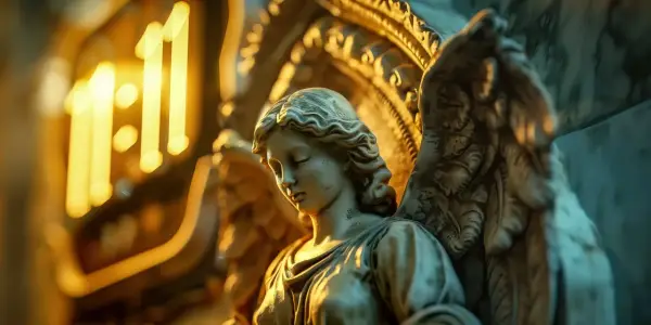 Kamienna rzeźba anioła w blasku światła. Liczba 11:11, symbolizująca 1555 znaczenie, pojawia się jako świetlisty znak.