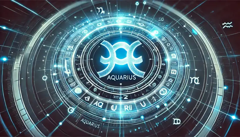 Cyfrowa tarcza z symbolami zodiaku i napisem AQUARIUS. Wodnik w ascendencie, otoczony kosmiczną energią.